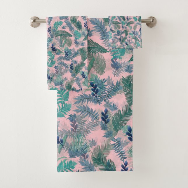 Modern Tropical Blue Foliage Pink Pattern Bath Towel Set (Insitu)