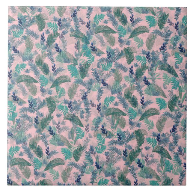 Modern Tropical Blue Foliage Pink Pattern Tile (Front)