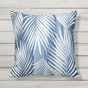 Modern Tropical Blue White Palm Leaves Outdoor Pillow