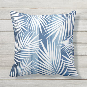 Modern Tropical Blue White Palm Leaves Outdoor Pillow