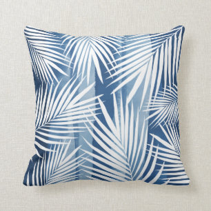 Modern Tropical Blue White Palm Leaves Throw Pillow