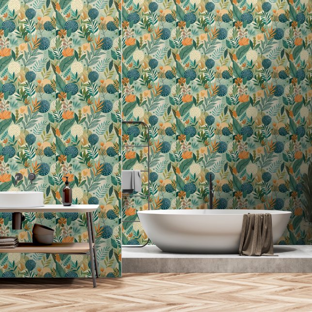 Modern Tropical Botanical Leaves Bathroom Wallpaper (Bathroom)
