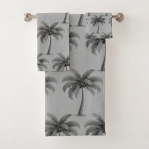Modern Tropical Botanical Palm Trees on Grey Bath Towel Set