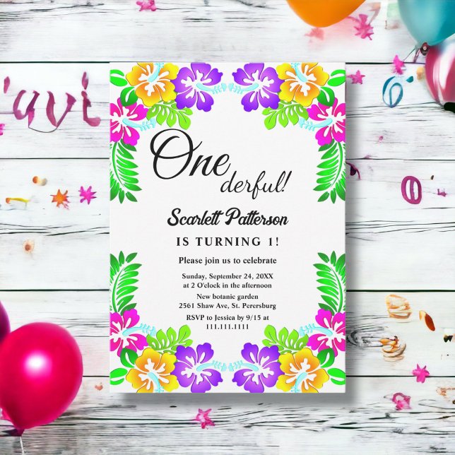 Modern Tropical Botanical Rose Floral 1st Birthday Invitation (Creator Uploaded)