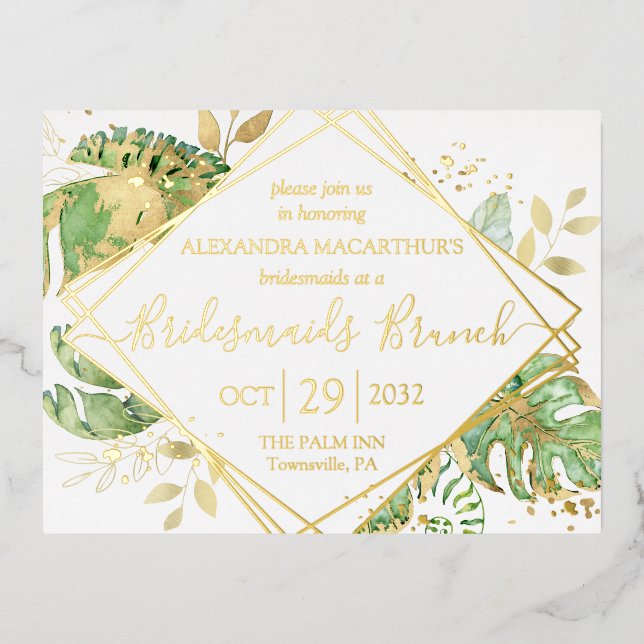 Modern Tropical Bridesmaids Brunch Gold Foil Invitation Postcard (Front)