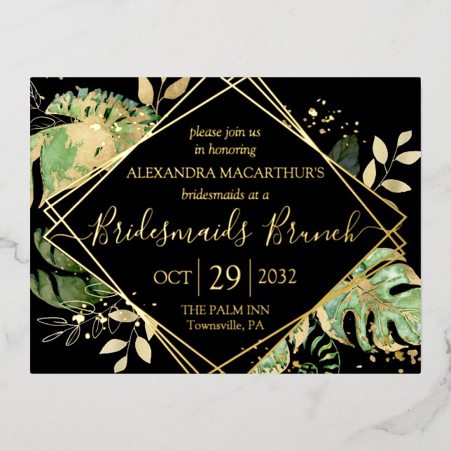 Modern Tropical Bridesmaids Brunch Gold Foil Invitation Postcard (Front)