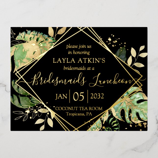 Modern Tropical Bridesmaids Luncheon Shower Gold Foil Invitation Postcard (Front)