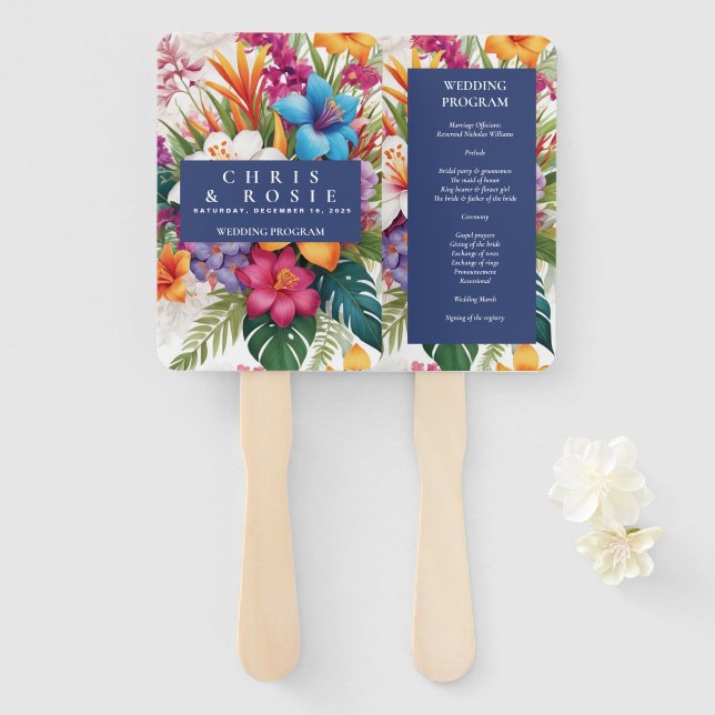 Modern Tropical Colourful Fall wedding program Hand Fan (Front and Back)
