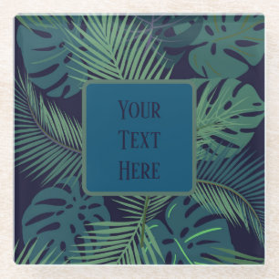 modern tropical dark palm leaf, fig leaves jungle  glass coaster
