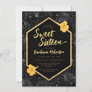 Modern Tropical Floral Black Gold Sweet Sixteen Invitation