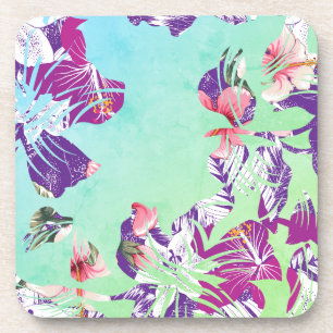 Modern Tropical Floral Collage on Aqua Coaster