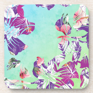 Modern Tropical Floral Collage on Aqua Coaster