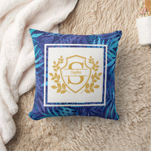 Modern Tropical Floral Gold Crest Initial Monogram Throw Pillow
