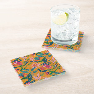 Modern Tropical Floral Pattern Glass Coaster