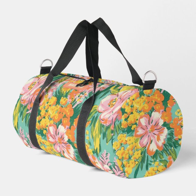 Modern Tropical Floral Pattern Personalized Name Duffle Bag (Left Corner)