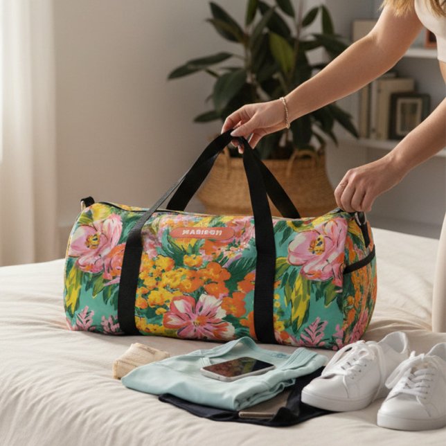 Modern Tropical Floral Pattern Personalized Name Duffle Bag (Creator Uploaded)