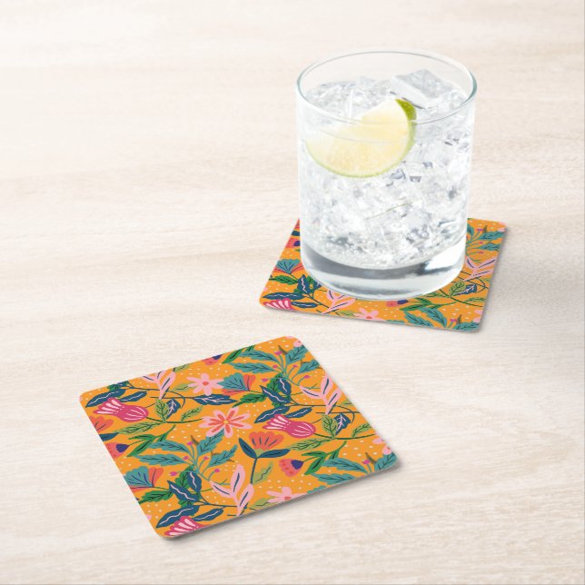 Modern Tropical Floral Pattern Square Paper Coaster (Insitu)