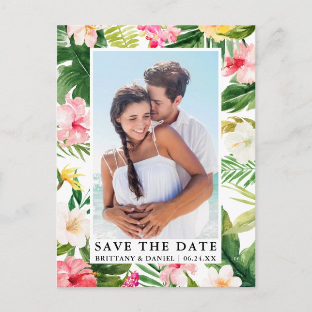 Modern Tropical Floral Photo Save The Date Postcard (Front)