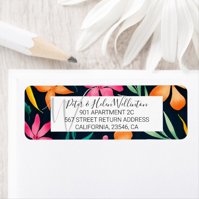 Modern tropical floral watercolor pattern navy (Insitu)