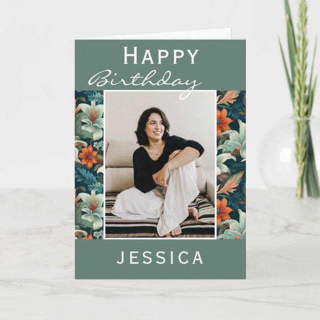 Modern Tropical Flower Leaf Pattern Photo Birthday Card (Front)