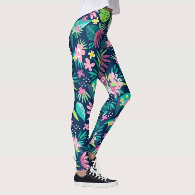 Modern Tropical Flowers Colourful Pattern Leggings (Right)