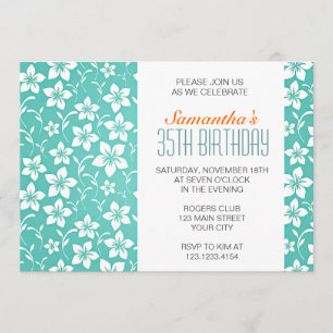 Modern Tropical Flowers Teal Birthday Party Invitation