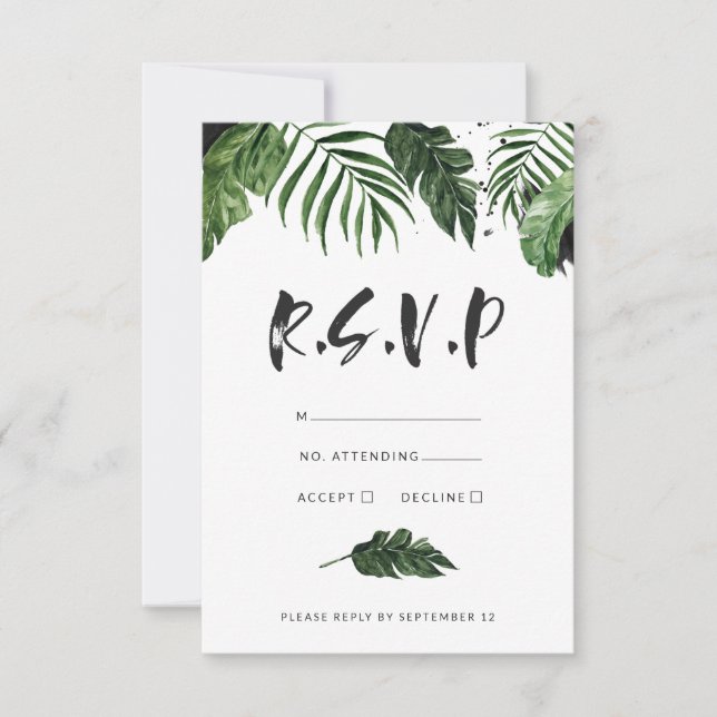 Modern tropical foliage painted wedding r.s.v.p RSVP card (Front)