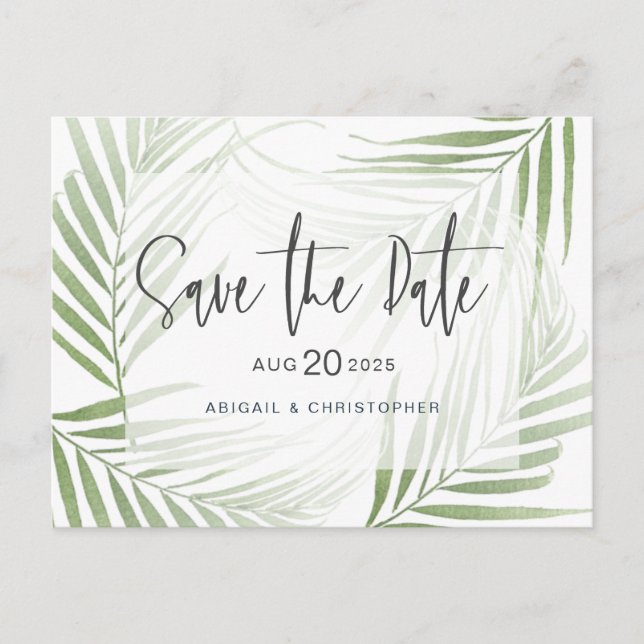 Modern Tropical Foliage Sage Green Save the Date Postcard (Front)
