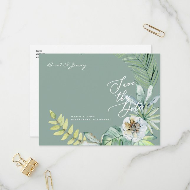 Modern Tropical Foliage Wedding Sage Save the Date Invitation Postcard (Front/Back In Situ)