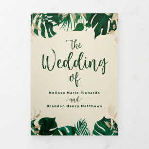Modern Tropical Foliage with Gold Wedding Ceremony Tri-Fold Programme