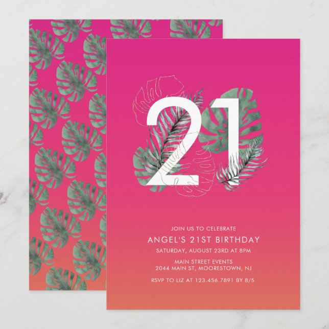 Modern Tropical Fuchsia 21st Birthday   Invitation (Front/Back)