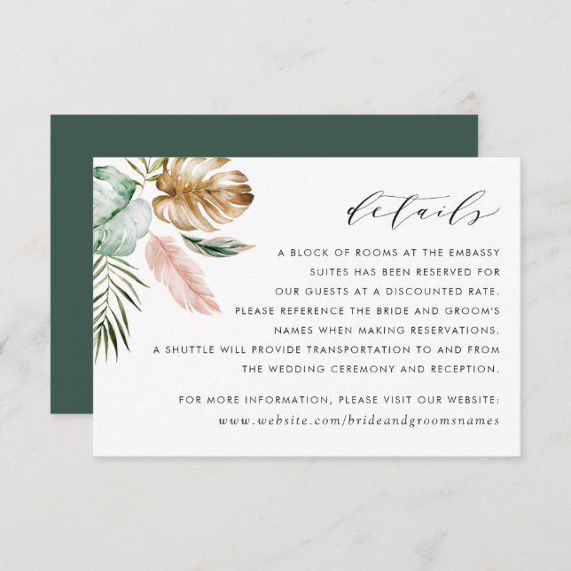 Modern Tropical Gold Palm Greenery Details Card (Front/Back)