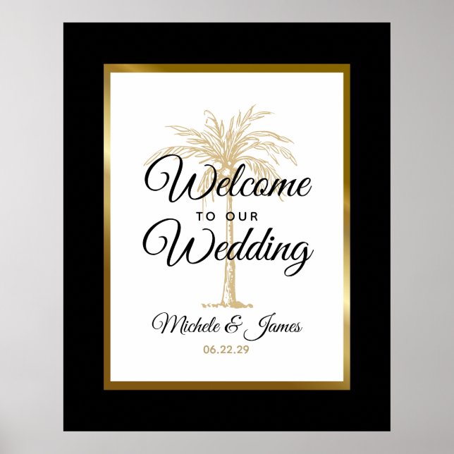 Modern Tropical Gold Palm Tree Wedding Welcome Poster (Front)
