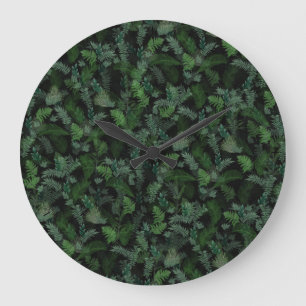 Modern tropical green foliage Black pattern Large Clock