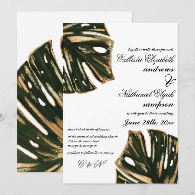 Modern Tropical Green Gold Monstera Leaves Wedding Invitation (Front/Back)