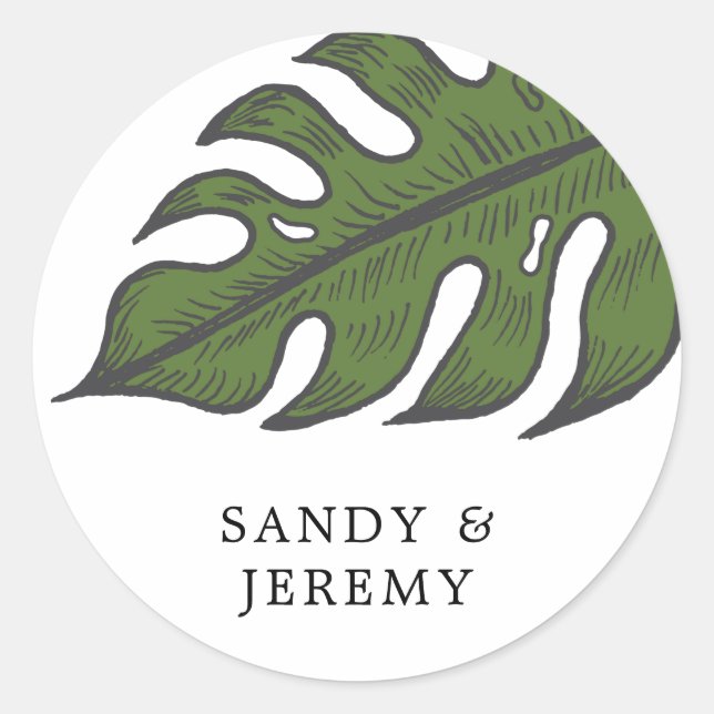 Modern Tropical Green Palm Leaf Wedding Classic Round Sticker (Front)