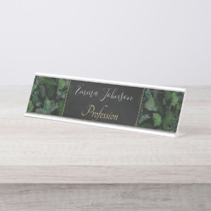 Modern Tropical Greenery Black Green Foliage Desk Name Plate