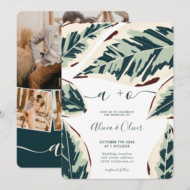 Modern tropical greenery leaf 4 photos wedding invitation (Front/Back)