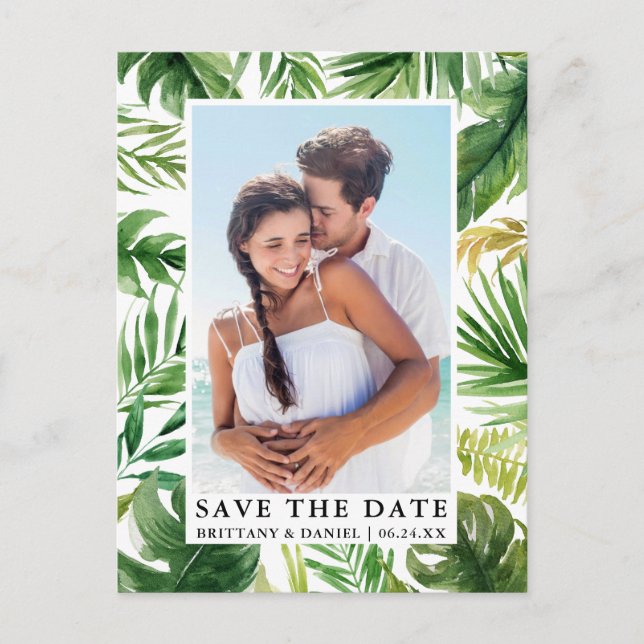 Modern Tropical Greenery Photo Save The Date Postcard (Front)
