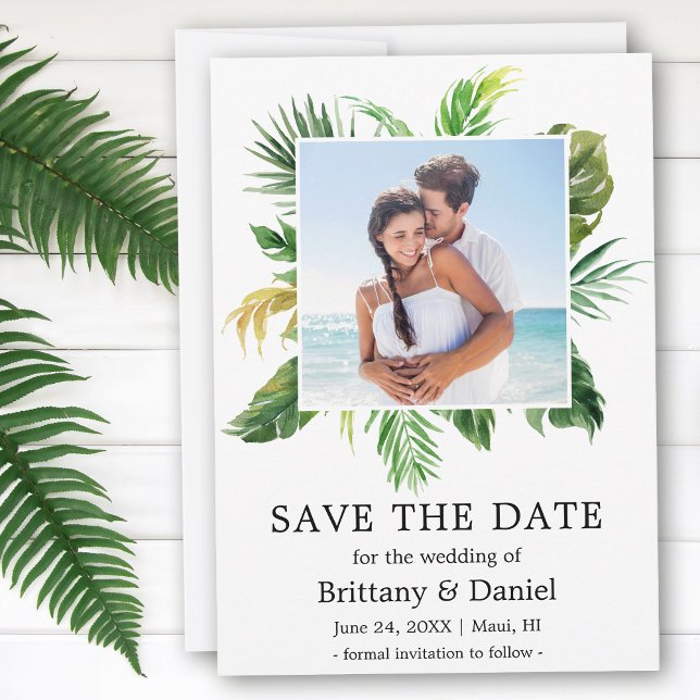 Modern Tropical Greenery Save The Date Photo Card (Customize to change text size, style or to add more text to back of card.)