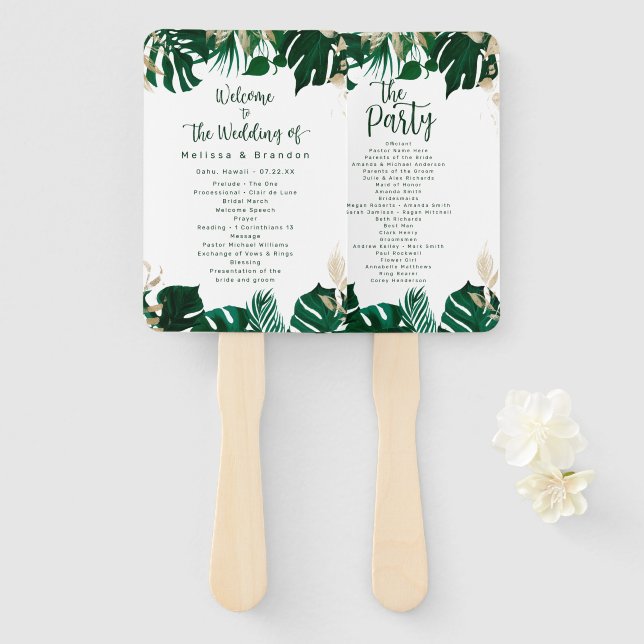 Modern Tropical Greenery Wedding Ceremony Program Hand Fan (Front and Back)