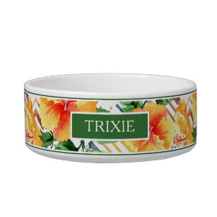 Modern Tropical Hibiscus Colourful Watercolor Name Bowl