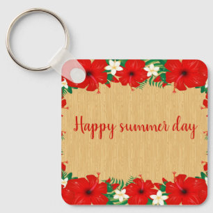 Modern Tropical, Hibiscus, Wood Texture Keychain