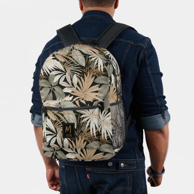 Modern Tropical Leaf Black & Gold Pattern Custom Printed Backpack (Insitu (Model))