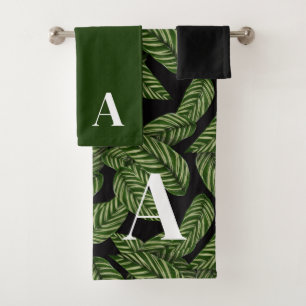 Modern Tropical Leaf Palm Plant Print Monogram Bath Towel Set