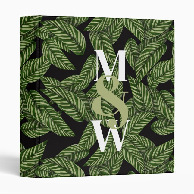 Modern Tropical Leaf Palm Plant Print Monogram  Binder (Front/Spine)
