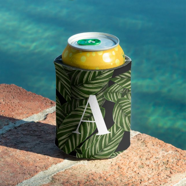 Modern Tropical Leaf Palm Plant Print Monogram  Can Cooler (In Situ Pool)