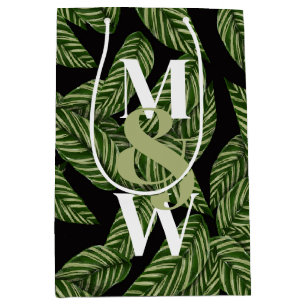 Modern Tropical Leaf Palm Plant Print Monogram  Medium Gift Bag