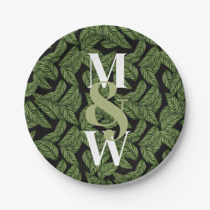 Modern Tropical Leaf Palm Plant Print Monogram Paper Plate