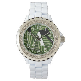 Modern Tropical Leaf Palm Plant Print Monogram  Watch